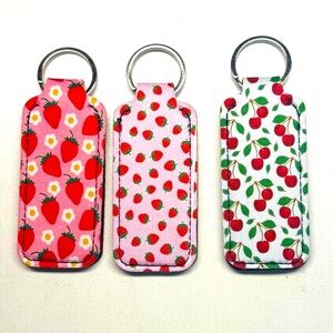 3 Strawberry and Cherry Patterned Keychain Set. New